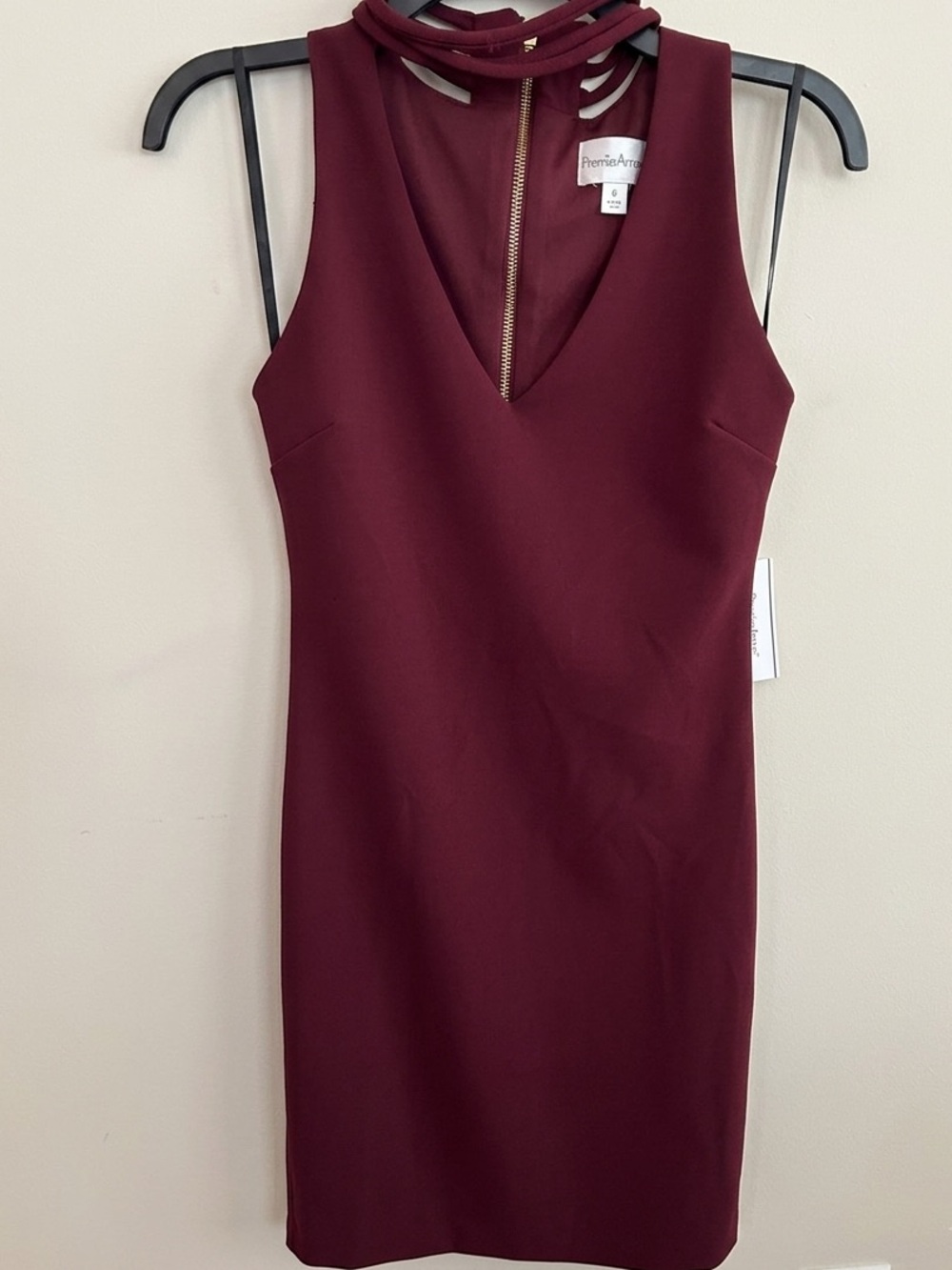 NWT Sleeveless V-Neck Cocktail Dress in Burgundy with Strappy Neck Detail - Picture 2 of 4